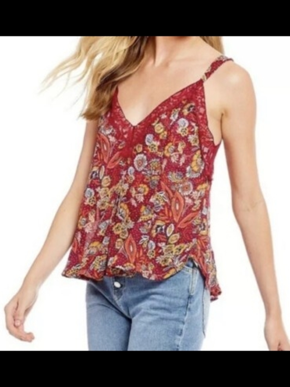 Free People Infinite Love Lace Trim Red Floral Paisley V-Neck Cami